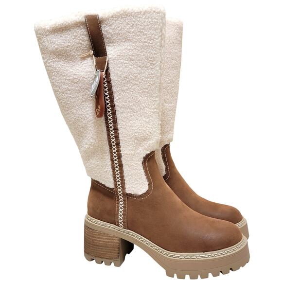 MIA Shoes - MIA Teirson Block Heel Faux Shearling Knee High Boots Size US 9M Cognac Brown